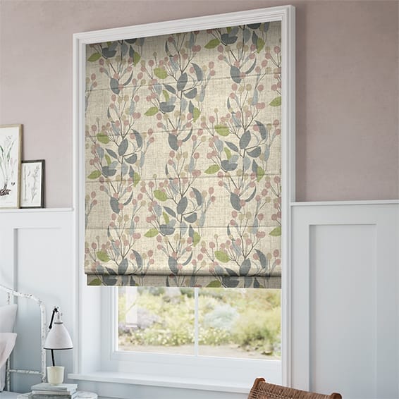 Bursting Berries Vintage Linen Pastel Pink Roman Blind | Blinds Online™