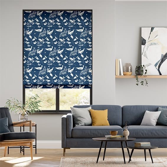 Hygge Birds Linen Jay Blue Roman Blind