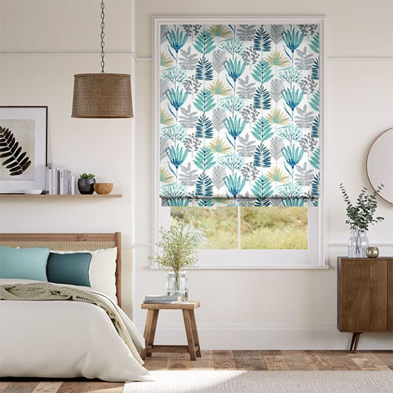 Layered Leaves Lagoon Roman Blind