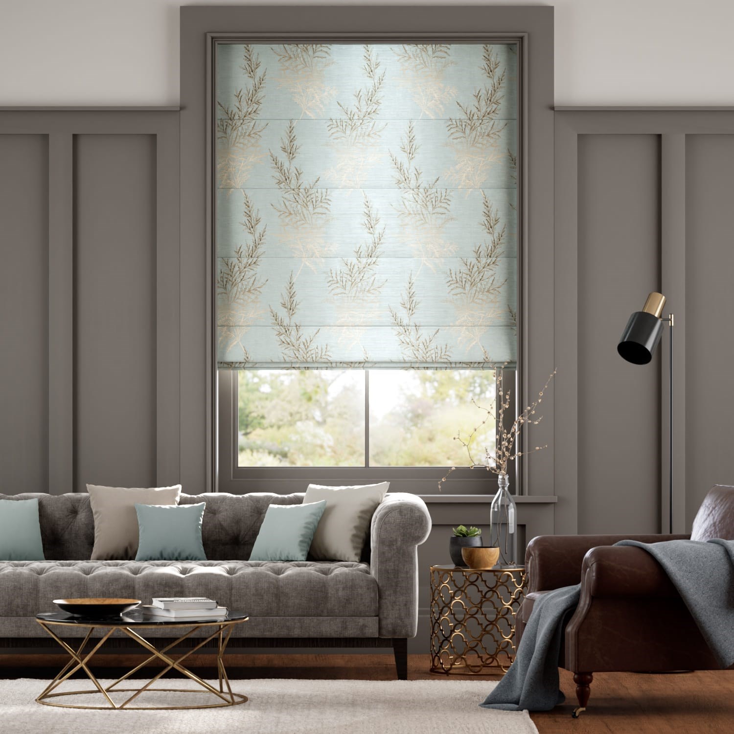 Moonlit Fern Faux Silk Pastel Blue Roman Blind