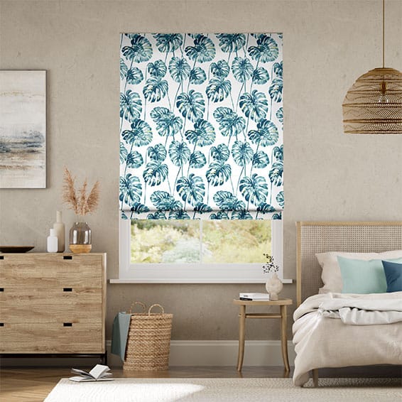 Tropical Leaves Teal Roman Blind | Blinds Online™