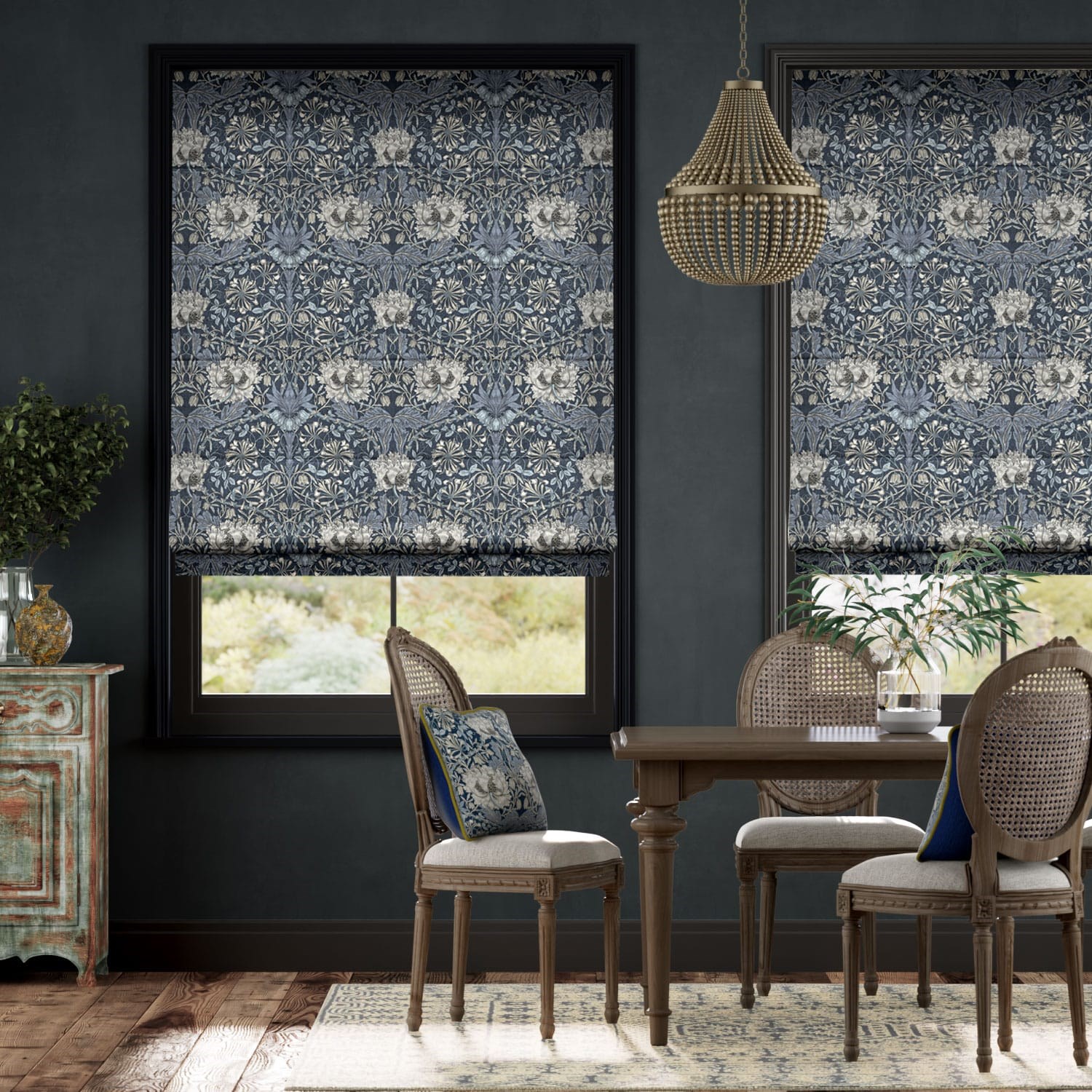 Electric William Morris Honeysuckle and Tulip Velvet Grey Blue Roman Blind